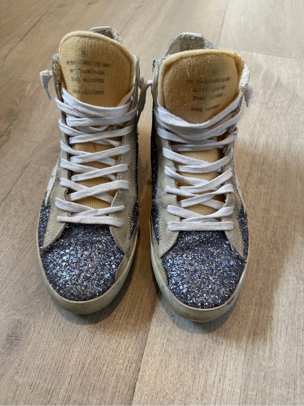 Golden Goose Glitter High-Top Sneakers in Silver Blue and Cream